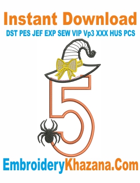 5 Number With Halloween Hat Embroidery Design