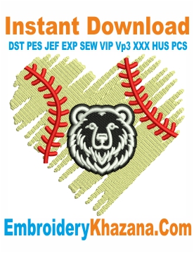 Baseball Heart Bears Face Embroidery Design