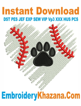 Baseball Heart Paw Embroidery Design