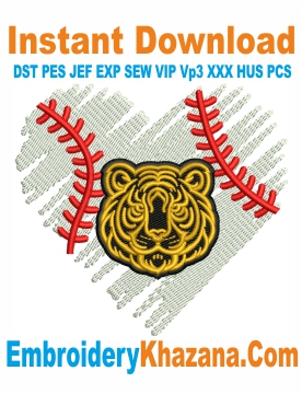 Baseball Heart Tigers Face Embroidery Design