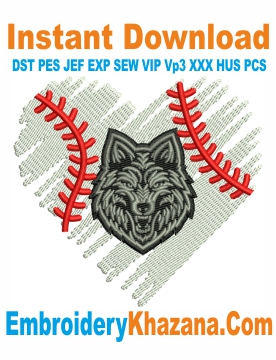 Baseball Heart Wolves Face Embroidery Design