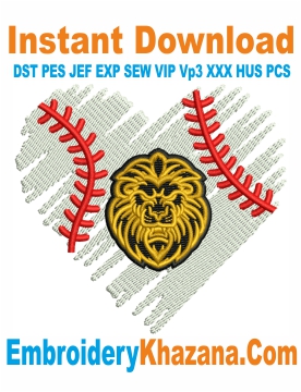 Baseball Heart Lions Face Embroidery Design