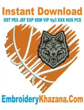 Basketball Heart With Wolves Face Embroidery Design