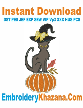 Cat Witch Pumpkin Applique Embroidery Design