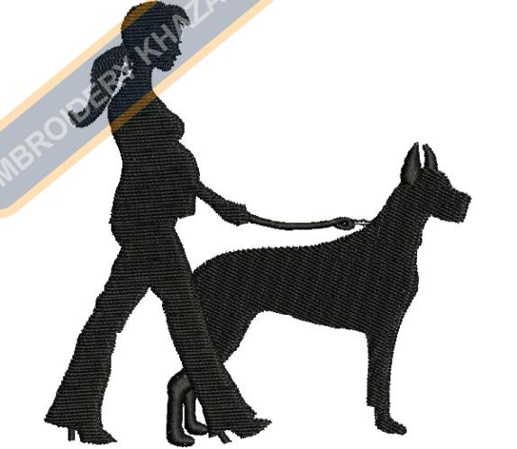 Lady Walking With Dog Embroidery Design